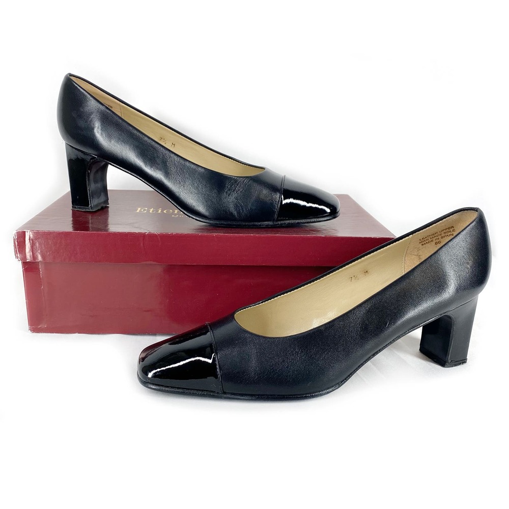 Etienne Aigner Strada Pumps Black Leather Patent Cap Toe Slip On Heels 7.5